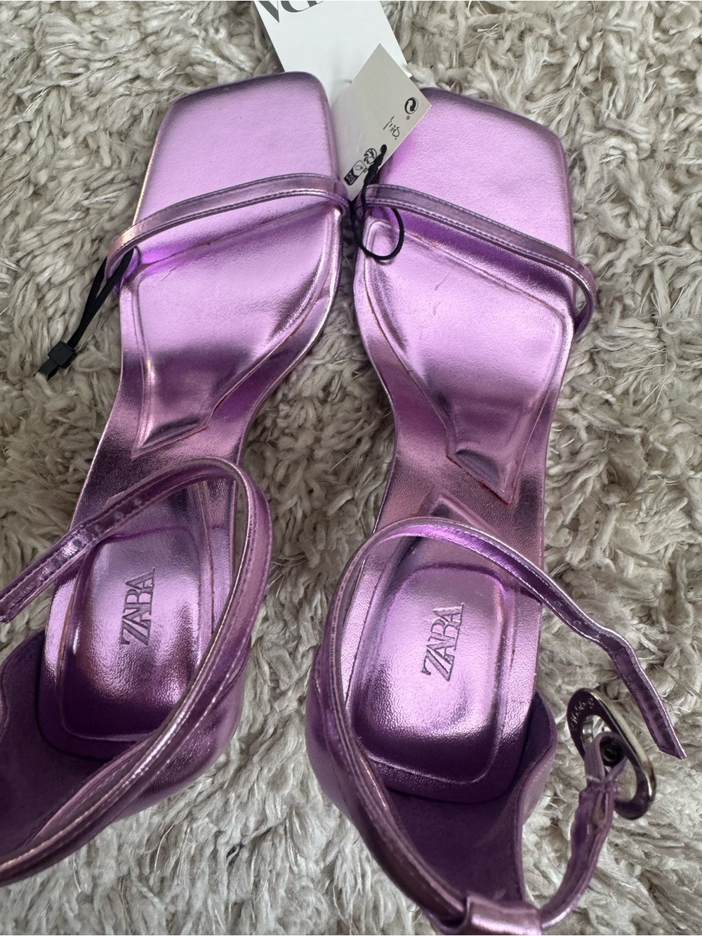 Zara Metallic Lavender Square-Toe Strappy Heels